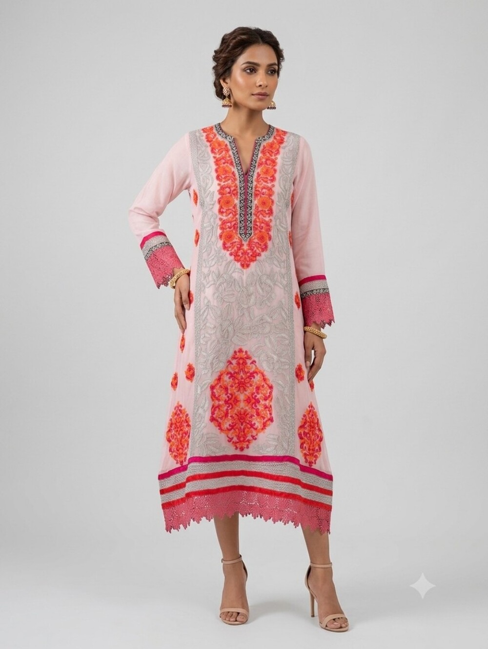 Embroidered Pink & Coral V-Neck Midi Dress